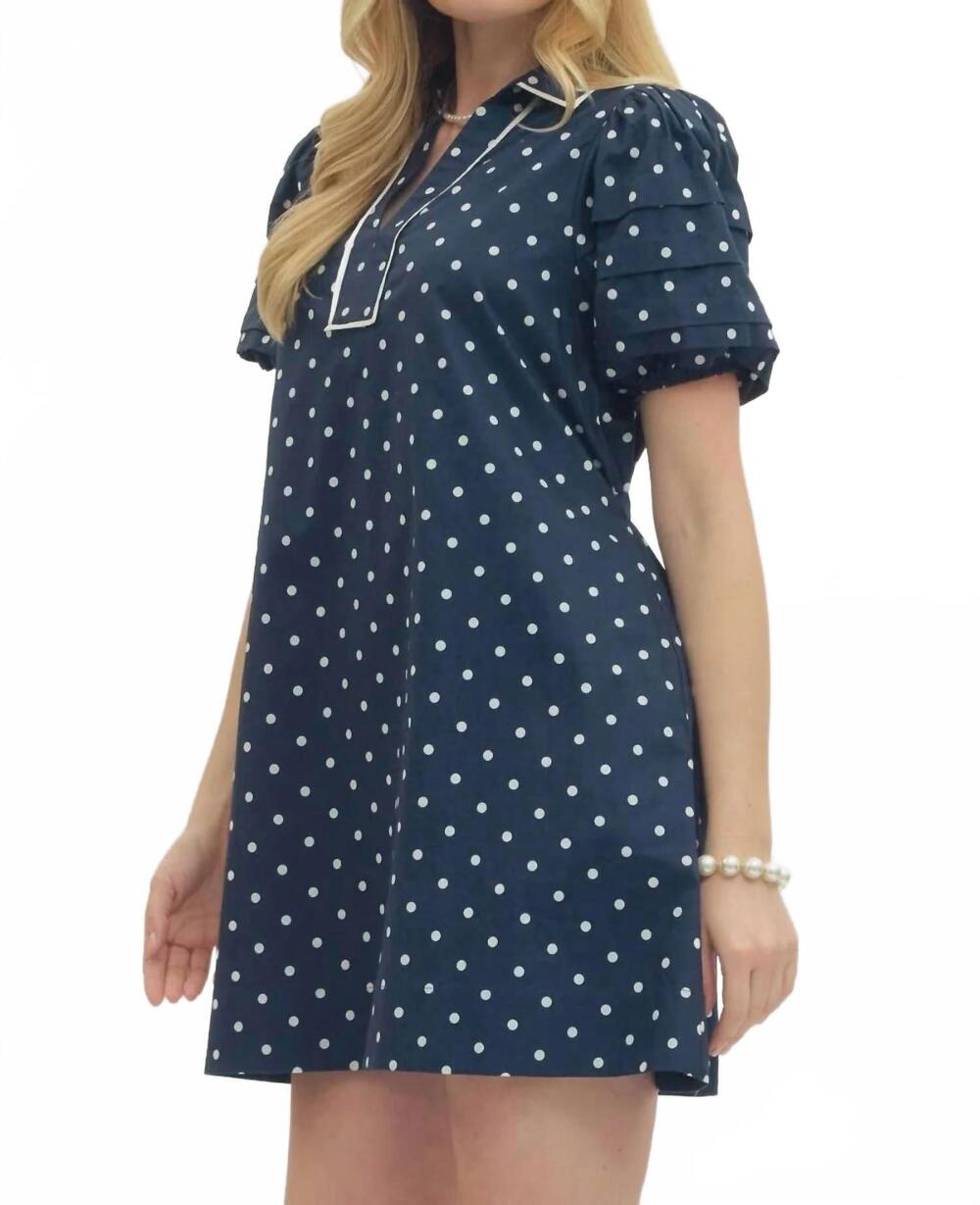 NEW ENTRO polka dot layered sleeve dress in navy